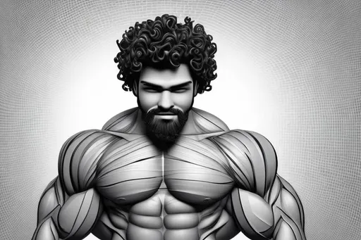 Prompt: A 3d illustration man with muscles and curly hair and beard|black and white| full body shot|