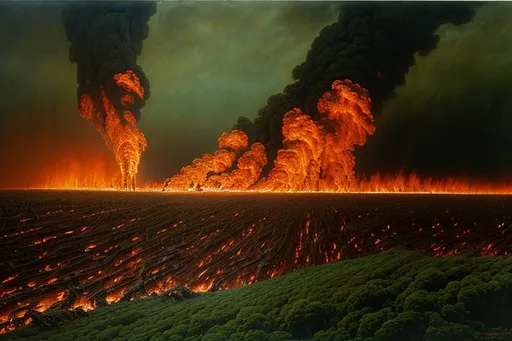 Prompt: Hyper-realistic landscape painting by Zdzisław Beksiński of a warrior standing upon a landscape of corpses as he is consumed by fire. The art-style blends Lovecraftian and Greek mythology elements in a steampunk setting. Subtle green undertones | chaos | suffering | malevolence | grim | melancholic hue | UHD, 4K, 8K, 64K, extremely detailed