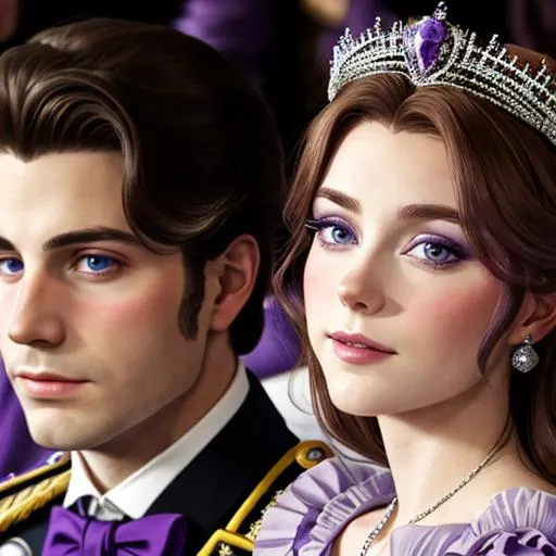 Prompt: European prince and princess wearing purple, facial closeup