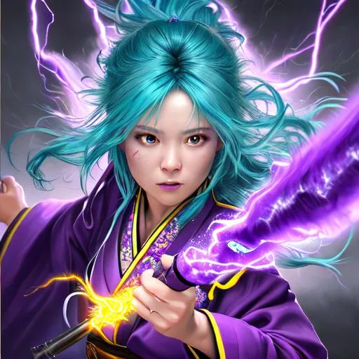 Prompt: oil painting, UHD, 8k, Very detailed, panned out, female lightning elemental with flesh that is purplemade of lightning, visible face she is made of lightning, she has flowing hair lighting coming from it, she wears a turquoise Japanese hanbok, a purple cloth across her chest, she hold a hammer which lightning is radiating from it, 