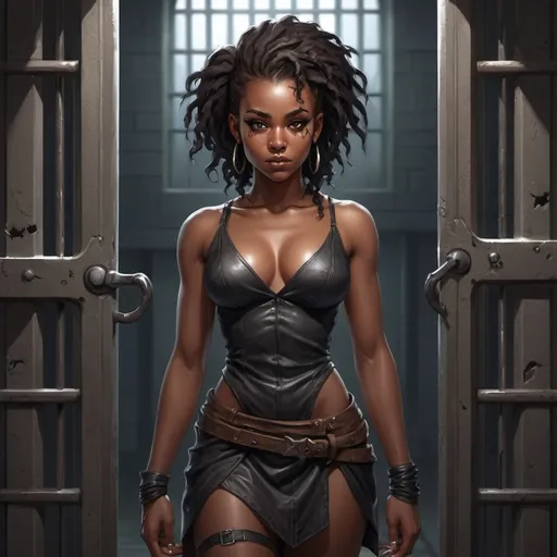 Prompt: Full body, Fantasy illustration of a black female rogue, 23 years old, beautiful, black skin, fancy hairstyle, attractive short dress, no shirt, noticeable makeup, snippy expression,  high quality, rpg-fantasy, detailed, in a prison cell