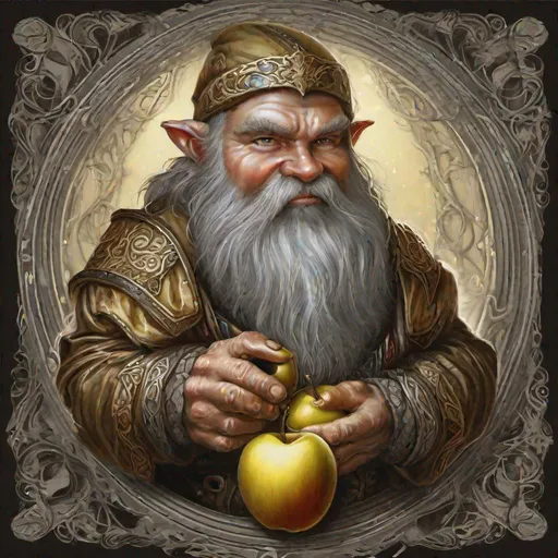 Prompt: Dwarf holding a beautiful golden apple in the style of Anne Stokes
