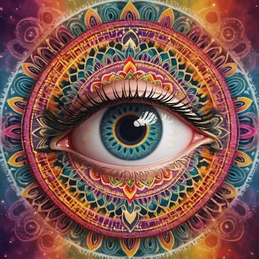 Prompt: eye with  eyelashes with a 
spiritual abtract mandala design behind it. all very colorful behind mandala an infinite spiral
