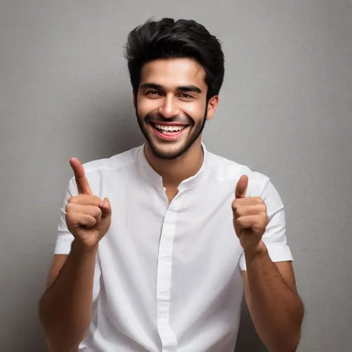 Prompt: young beautiful smiling man wearing white shirt pointing with left hand
