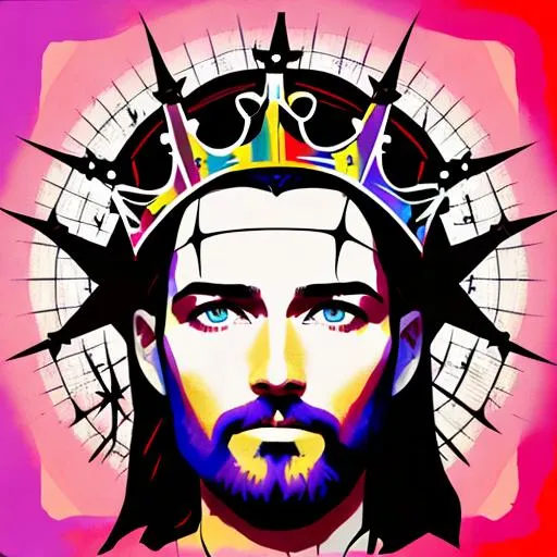 Prompt: 4 identical portraits of iconic Jesus Christ face with crown of thorns, arranged in the 4 color pop art style of Andy Warhol, high contrast images, inspired by Andy Warhol