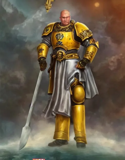 Prompt: {person} Sigismund, Space marine champion armor, holding great sword, movie poster, retro comic style artwork,