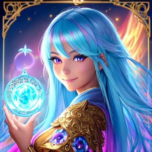 Prompt: oil painting, fantasy, Pixie girl, tanned-skinned-female, beautiful, bright blue hair, straight hair, rosy cheeks, smiling, looking at the viewer, summoner wearing intricate robes casting a spell, #3238, UHD, hd , 8k eyes, detailed face, big anime dreamy eyes, 8k eyes, intricate details, insanely detailed, masterpiece, cinematic lighting, 8k, complementary colors, golden ratio, octane render, volumetric lighting, unreal 5, artwork, concept art, cover, top model, light on hair colorful glamourous hyperdetailed medieval city background, intricate hyperdetailed breathtaking colorful glamorous scenic view landscape, ultra-fine details, hyper-focused, deep colors, dramatic lighting, ambient lighting god rays, flowers, garden | by sakimi chan, artgerm, wlop, pixiv, tumblr, instagram, deviantart