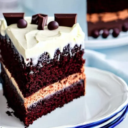 Prompt: A big chocolate cake with icing on a plate full cake high resolution realistic close up


