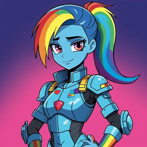 Prompt: Cyberpunk Equestria girls rainbow dash with blue skin wearing tight armor