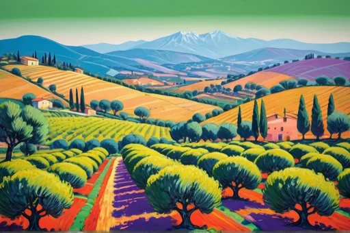 Prompt: (vibrant landscape of an Italian olive oil farm), (two middle-aged men harvesting olives), rolling green hills, majestic mountains in the background, (David Hockney style), bold colors, dynamic compositions, high contrast, (expressive brush strokes), warm sunlight illuminating the scene, lively atmosphere, (ultra-detailed), engaging and immersive, inviting viewers into the rural charm of olive harvesting.