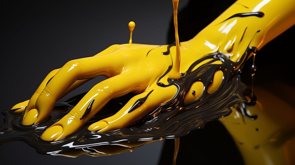 Prompt: a yellow hand drips a black liquid over the edge, in the style of oliver wetter, ossip zadkine, auto body works, mike campau, bright glazes, fluid and loose, made of rubber