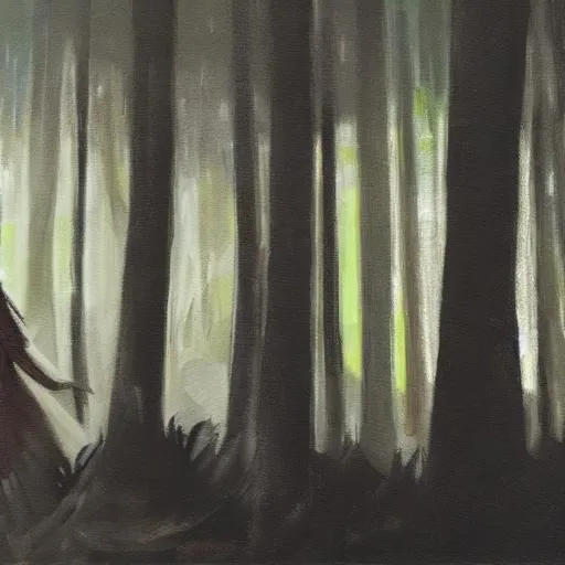 Prompt: a painting of a woman in a dark forest with a beam of light 
