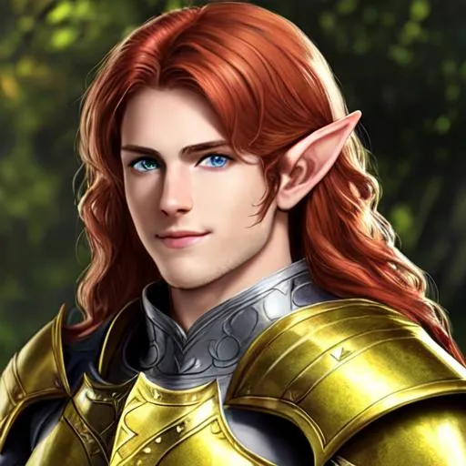 Prompt: Hyper realistic detailed body of male paladin, no beard, young, very detailed symmetrical face, who has bright green eyes and long red hair, wearing heavenly plate mail, slight smile on face, long elf ears