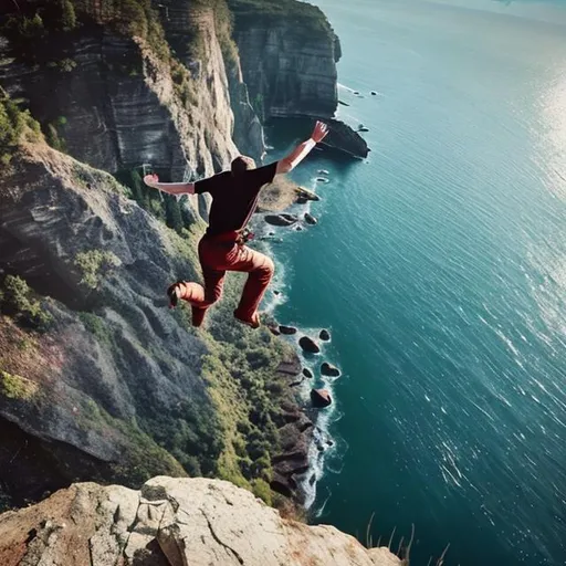 Prompt: A man jumping off a cliff