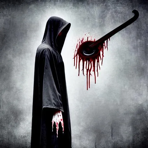 Prompt: Realistic dark gloomy grim reaper holding scythe blood dripping