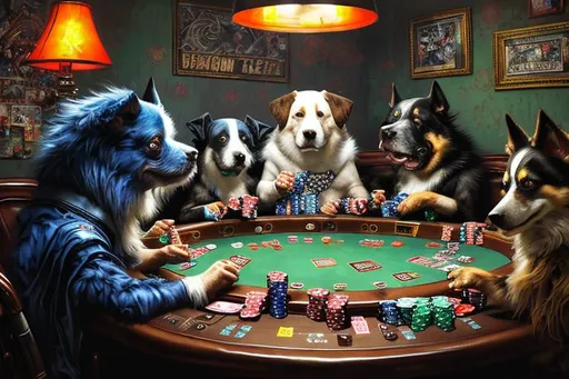 Prompt: Dogs Playing Poker : 
Masterpiece, best quality, Extremely detailed, Beautiful shadows, cyberpunk style, Unity, Wallpaper, Capture the excitement and energy of a poker game with a fast shutter speed, using bold and vibrant colors to create a dynamic and action, packed fantasy, Insanely detailed, Realistic, by Christophe Young, Ilya Kuvshinov