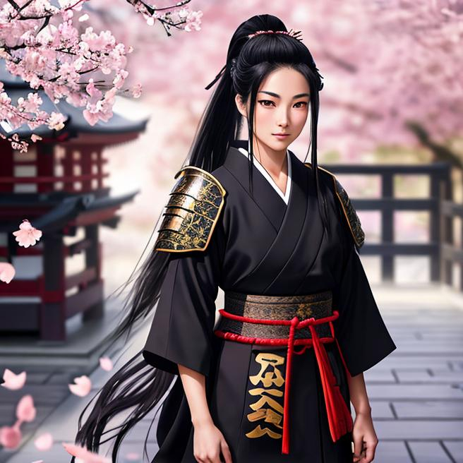 Young Samurai with long black hair and ponytail, wea... | OpenArt