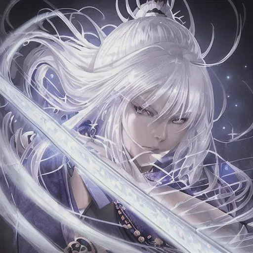 Anime girl, white hair, samurai