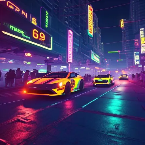 Prompt: NEON NIGHT TIME CITY STREET CAR RACE
