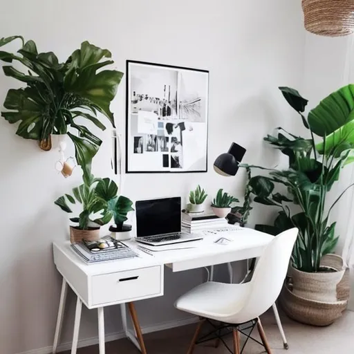 Prompt: I would like you to create a photo of a chic home office. The desk is white, there are plants around, a small lamp and some notebooks. please also add a chair
