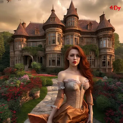 Prompt: 4k 3D professional modeling photo live action human woman hd hyper realistic beautiful Tudor England maiden woman auburn red hair tan skin brown eyes beautiful face red lips pink and red dress forest landscape hd background with live action mansion