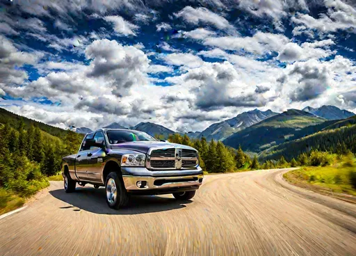 Prompt: long shot scenic professional photograph of a gray 2007 Dodge Ram truck. Perfect point of view, highly detailed, wide-angle lens, hyper realistic, with dramatic sky, polarizing filter, natural lighting, vivid colors, everything in sharp focus, HDR, UHD, 64K.