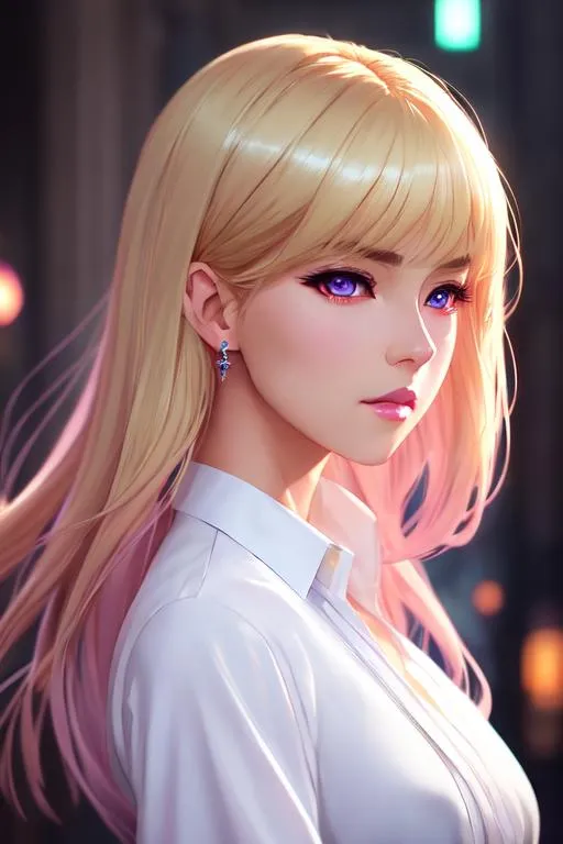 Prompt: 64K, upper body portrait, lady, white string silk shirt, black pleated skirt, beautiful purple eyes, glossy pink lips, blonde hair, symmetrical, lighting, detailed face, by makoto shinkai, stanley artgerm lau, wlop, rossdraws, concept art, digital painting, looking into camera, town background, colorful ambient, colorfull, HDR, 64K