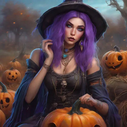 Prompt: Portrait of beautiful crystal gypsy druid with witchy style with purple hair and with cute face, big lips, blue eyes, in a magical Halloween pumpkin patch , perfect composition, hyperrealistic, super detailed, 8k, high quality, trending art, trending on artstation, sharp focus, studio photo, intricate details, highly detailed, by boris vallejo