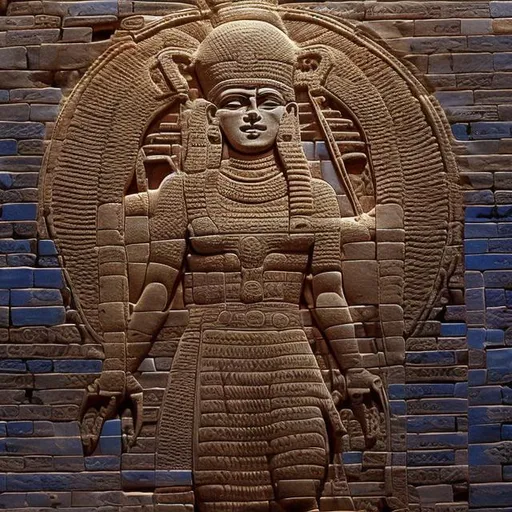 Prompt: Assyrian four-winged genie from the north wall of the Palace of king Sargon II at Dur Sharrukin, 713–716 BC, widescreen, infinity vanishing point, galaxy background, surprise easter egg