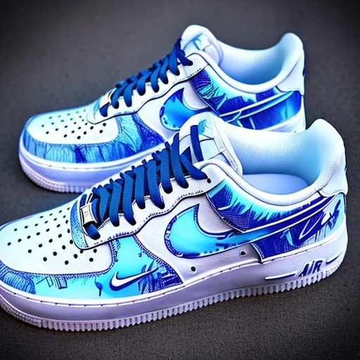 Prompt: nike air force one sneakers, from the side, blue design with rain droplets and doodles