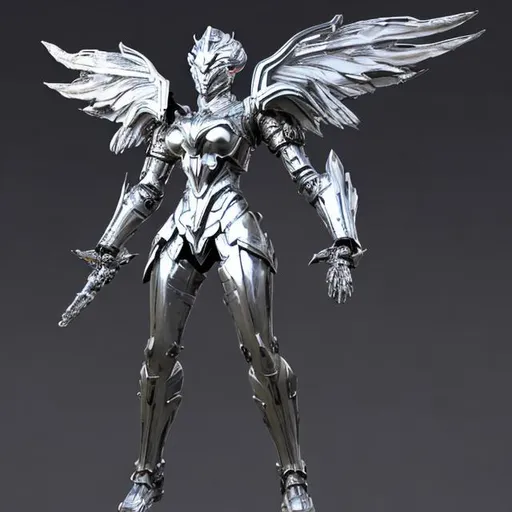Prompt: The Valkyrian Sentinel is a mythical humanoid creature known for its divine appearance and formidable combat skills. Standing at approximately 7 feet tall, it possesses a statuesque figure and exudes an aura of power and grace. Its skin has an ethereal glow, and its eyes shine with a piercing intensity. Adorned in gleaming silver armor that seems to be forged from celestial metals, the Valkyrian Sentinel radiates an otherworldly presence.

Weapon: The Valkyrian Sentinel wields a legendary weapon called the "Aetherblade." This weapon is a longsword infused with the essence of cosmic energy. The Aetherblade has a slender, shining blade with intricate engravings representing celestial constellations. Its hilt is adorned with precious gemstones that shimmer with an otherworldly luminescence.

Abilities: When the Valkyrian Sentinel brandishes the Aetherblade, its combat prowess becomes truly extraordinary. The sword can slice through enemies with swift and precise strikes, its blade leaving trails of celestial light in its wake. With each swing, the Aetherblade harnesses the cosmic forces, channeling them into devastating attacks that can unleash waves of energy or unleash bolts of pure celestial power upon its foes.

The Valkyrian Sentinel is said to be a guardian of justice and protector of the realms. It appears in times of great turmoil or impending threats to safeguard the innocent and vanquish evil. Legends speak of their ability to fly with grace and speed, swooping down upon their enemies like celestial warriors descending from the heavens. Their presence on the battlefield inspires hope and invokes awe in all who witness their valiant deeds.
