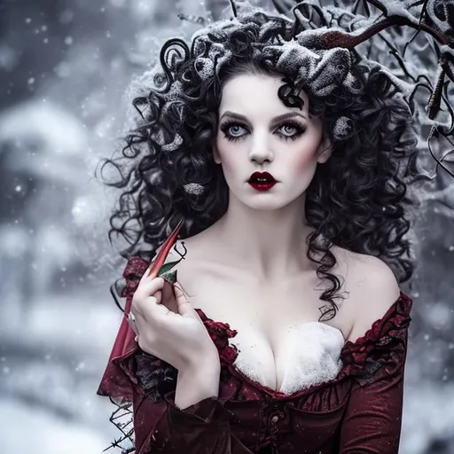 Prompt: victorian vampire , curly hair, glamorous dress and heels, thorns, Beautiful eyes, snow