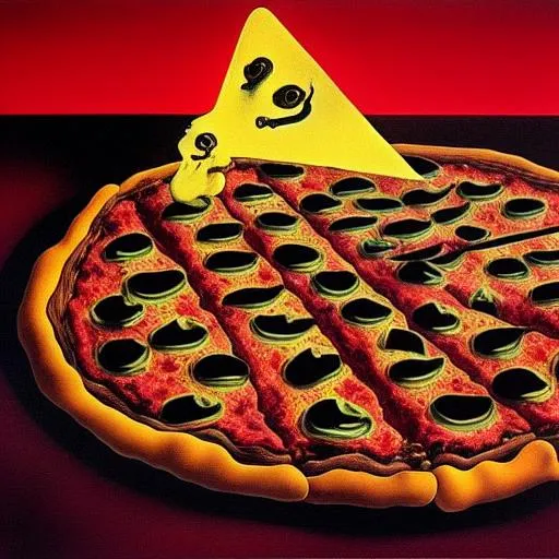 Prompt: Salvador Dali's Painting of the Death by Pizza Planet, child torture, satanic ritual, Jeffrey Epstein, triadic colors backlit
