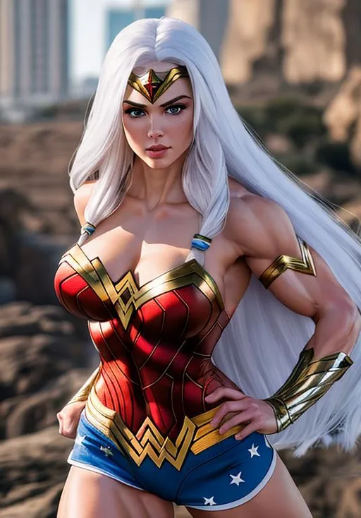 Prompt: {{long white hair}}
{{Wonder Woman}}
{{woman, enormous muscles, giant muscles, muscular woman, hulking, flexing, biceps, torso}}
perfect face, perfect body, photorealistic, hyperrealistic, photograph, 22mm lens, 4k, hard lighting