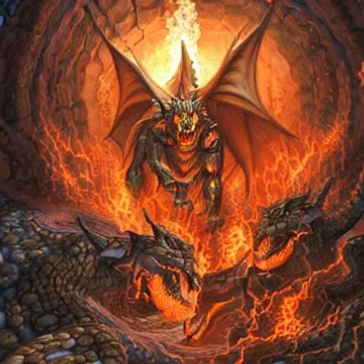 Prompt: Hyperrealistic drawing of a dungeons and dragons      Dragon/hydrating off creatures erupting from the gates of hell