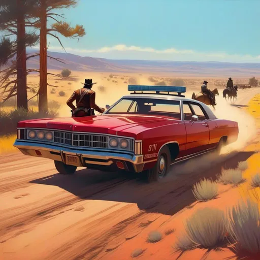 Prompt: Red Dead Redemption, car chase, cops, cartoony, sunny atmosphere, extremely detailed painting by Greg Rutkowski and by Henry Justice Ford and by Steve Henderson