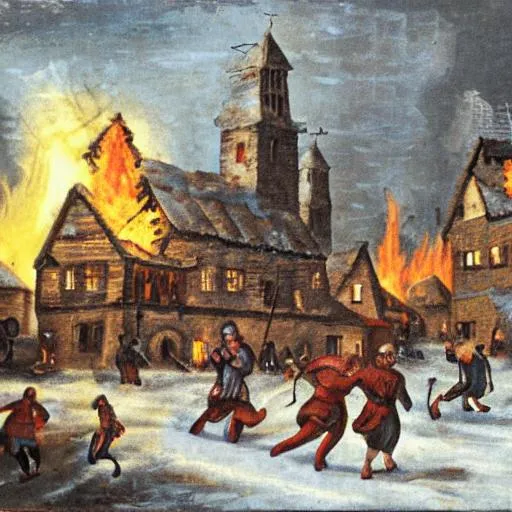 Prompt: medieval village on fire in the winter with peasants running away
