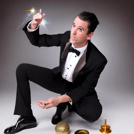 Prompt: Magician in a tuxedo casting a sparkly magic spell from in between his legs below his waist 