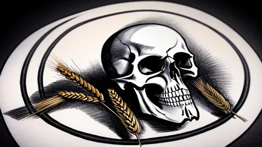 Prompt: draw A kettlebell with in the centre a skull besided some wheat, surrounded by  a scythe. 