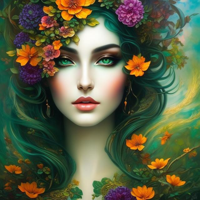 Beautiful hybrid woman with orange flowers sproutin... | OpenArt