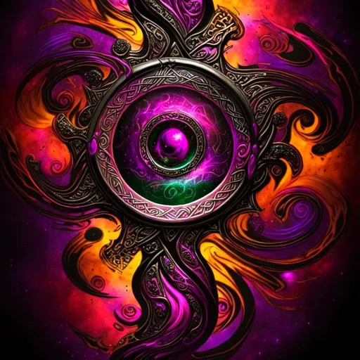 Prompt: beautiful freeform dark chaos epic bold, 3D, HD, {one}({liquid metal {Celtic}Hearty} with {purple gold pink green red silver blood}ink), expansive cosmos background --s99500