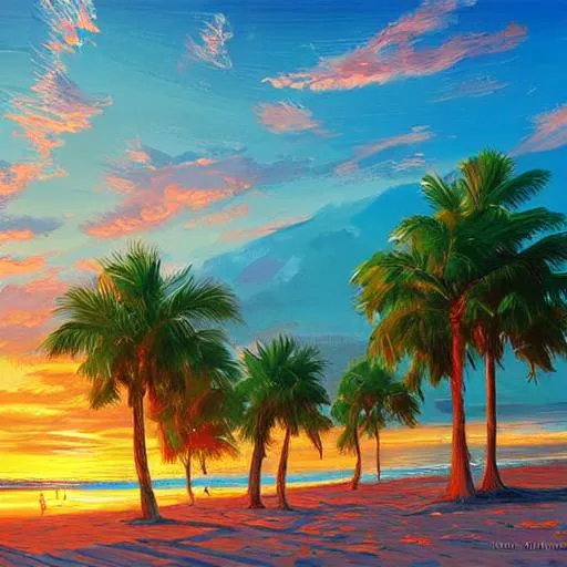 Prompt: A cartoon style florida beach landscape at sunset in the style of Peder Mork Monsted