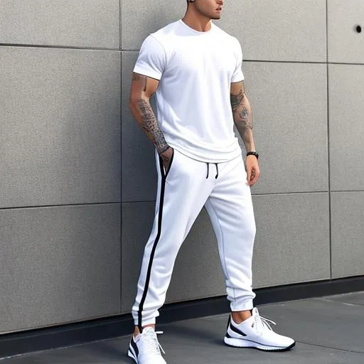 Prompt: Full body long shot Digital image of The side  of a built  handsom man wearing  a white tee Nikes and grey jogging sweats  high resolution detailed lil hair tattoos 