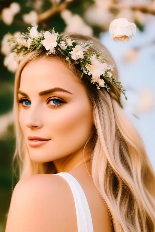 Prompt: cinematic portrait of gorgeous blonde lady(beautiful eyes, detailed face, smiling, seeing straight at camera) wearing flower crown,  clothes with laces, soft light on face, in garden filled with flowers and butterflies, hair tied using ribbon, eye contact, realistic, high contrast, 8k image
