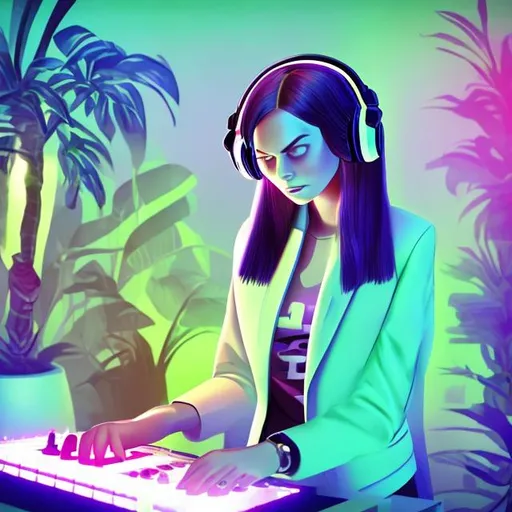 Prompt: Swedish female DJ. She has straight hair. Headphones. Turntable. She is wearing a blazer. She is in  a modern house with tropical plans. Anime.
