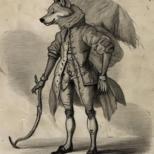 Prompt: A 1700's sketch of a wolf on two legs with human clothes and a staff. The tail will be attached to the back of his waist.