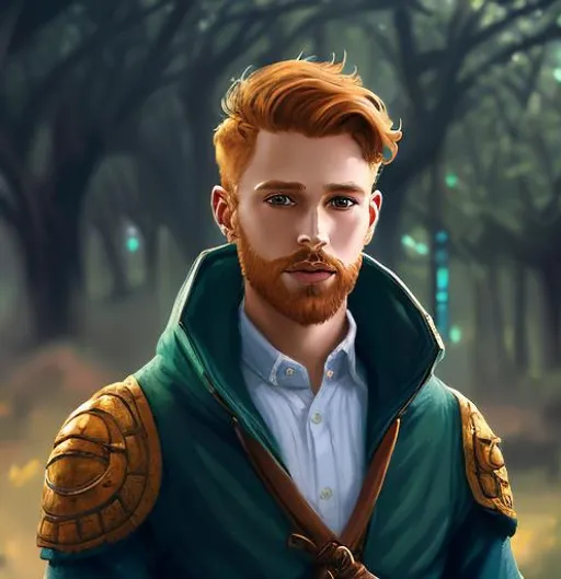 Prompt: Fantasy, Digital Art, Aasimar, Ginger, short hair, short beard, handsome, emerald eyes, D&D fantasy, Blue Medieval Suit, smiling, magical