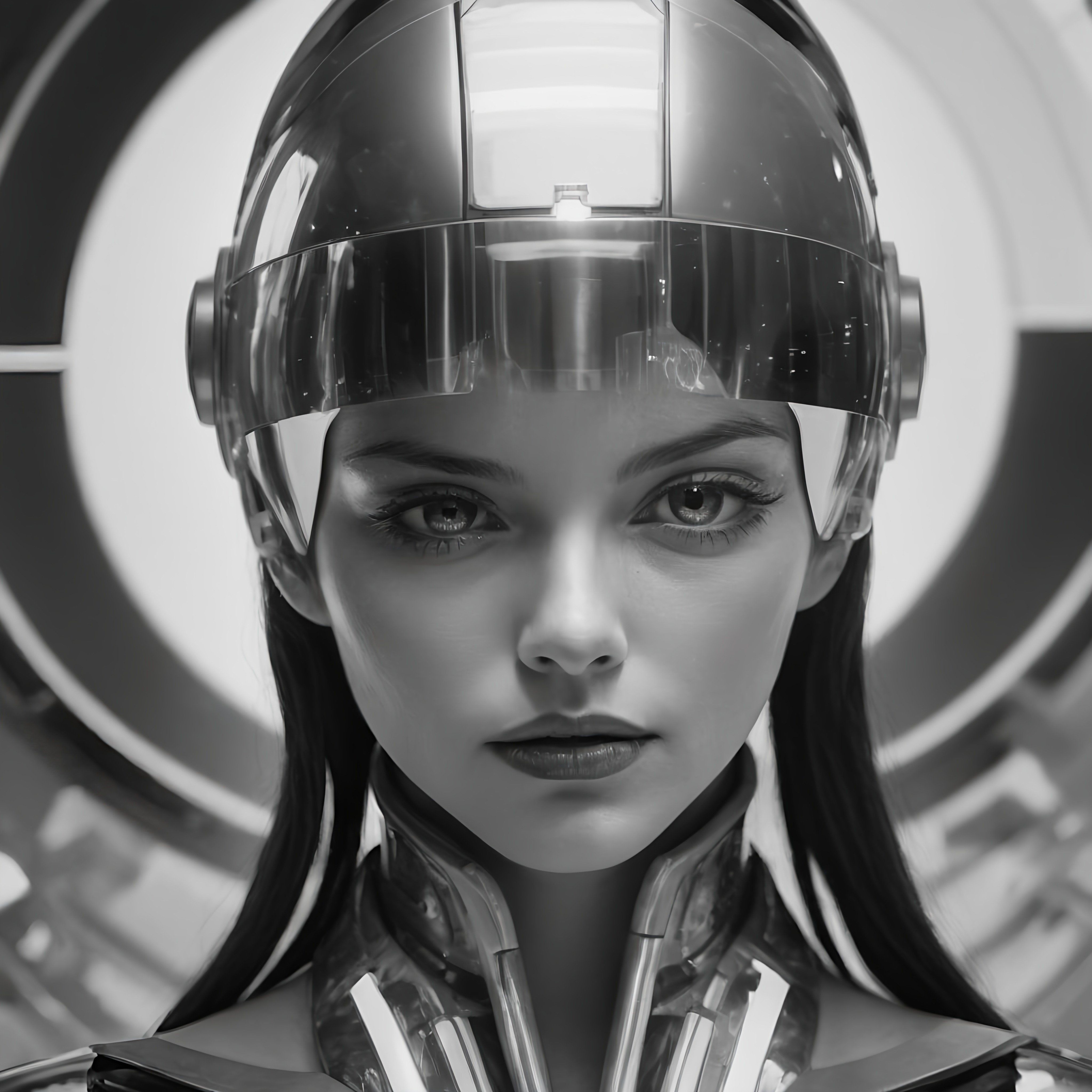 Prompt: a woman with a helmet on her head and a futuristic background behind her is a circular object with a light beam