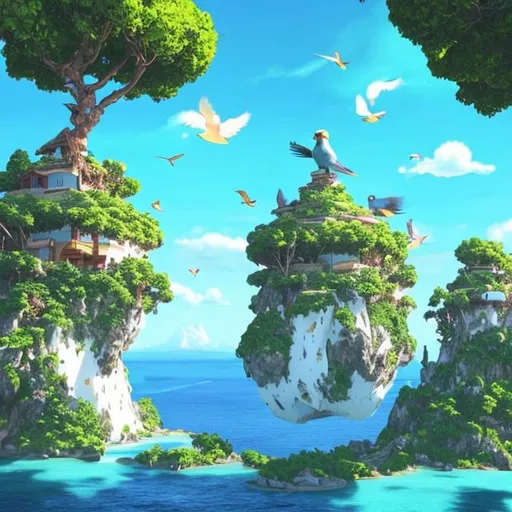 Prompt: three birds perched atop a floating island. The island is surrounded by calm, blue water and has a large tree in the centre with two benches beneath it. The sky above is bright green and filled with white clouds. One bird stands on the edge of the island looking out at the horizon while another sits on one of the benches, its wings spread wide as if taking in all that surrounds it. The third bird perches atop a branch near the top of the tree, its beak open as if singing or calling out to its companions below. All three birds have colourful feathers ranging from blues and greens to yellows and oranges.