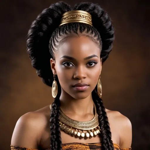 Prompt: Nala, an African princess from the 15th century, could be portrayed as a strikingly beautiful black woman with dark braids cascading down her back. She might be shown wearing intricately tribal woven garments that reflect her status and intelligence, with a look of fierce determination in her eyes.